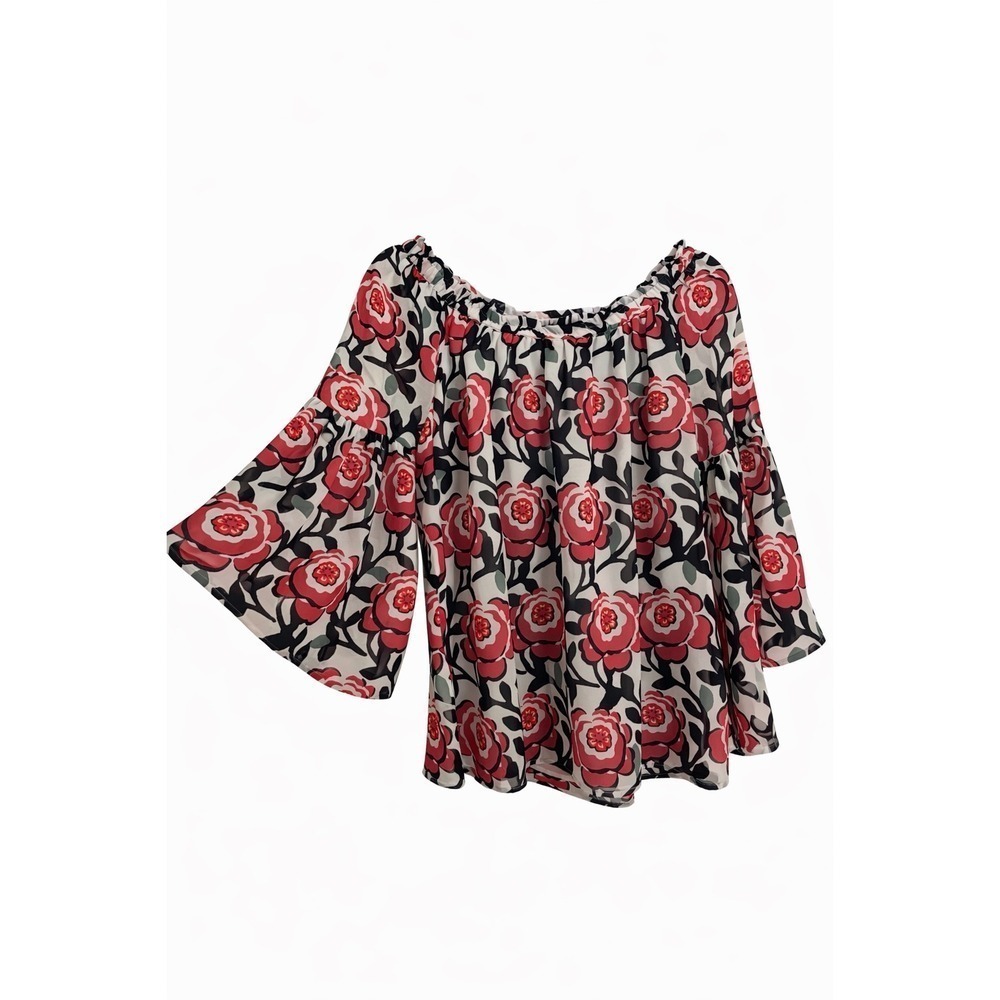 LOFT Floral Off Shoulder Bell Sleeve Blouse Medium Boho Romantic Sheer